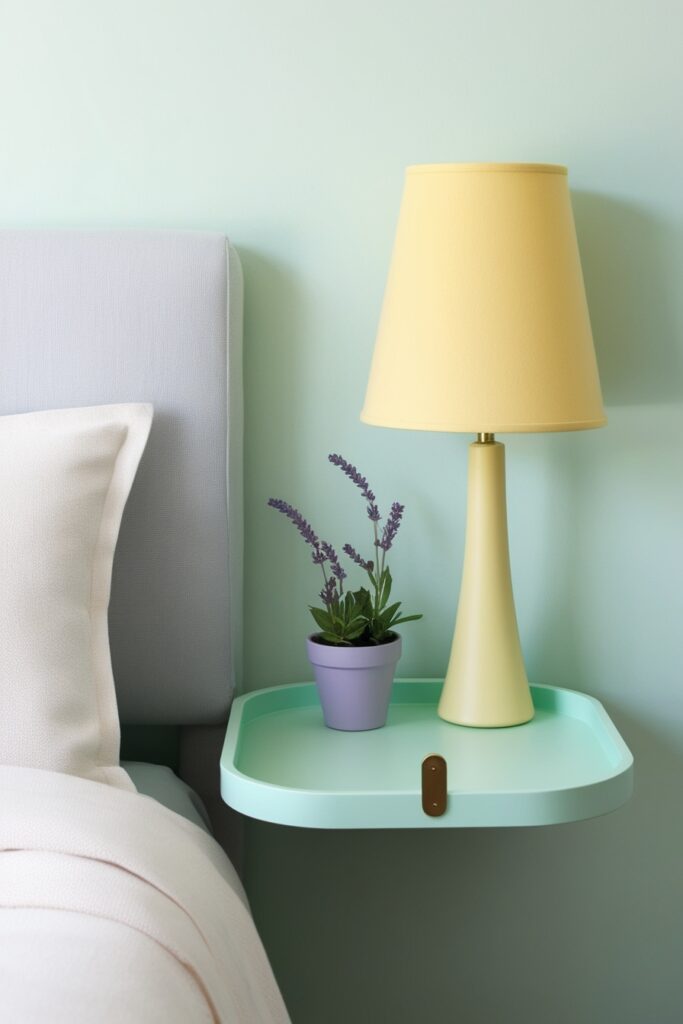 wall-mounted fold-down tray used as a nightstand