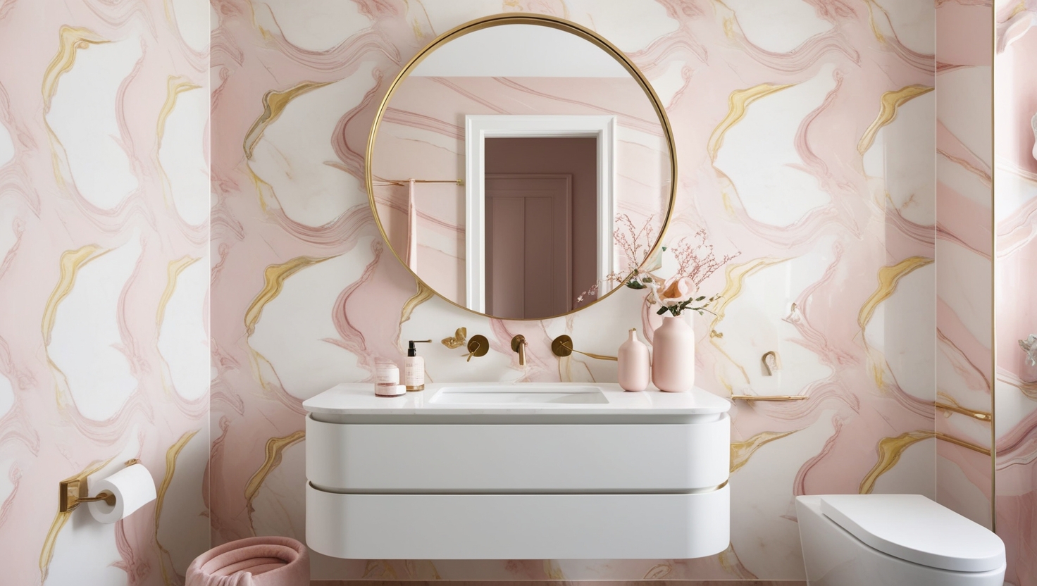 bathroom decorated with wallpaper