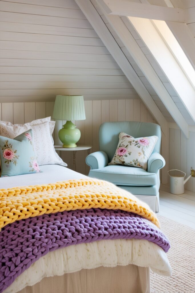 warm attic bedroom with soft whitewashed wood-paneled walls, chunky knit blankets