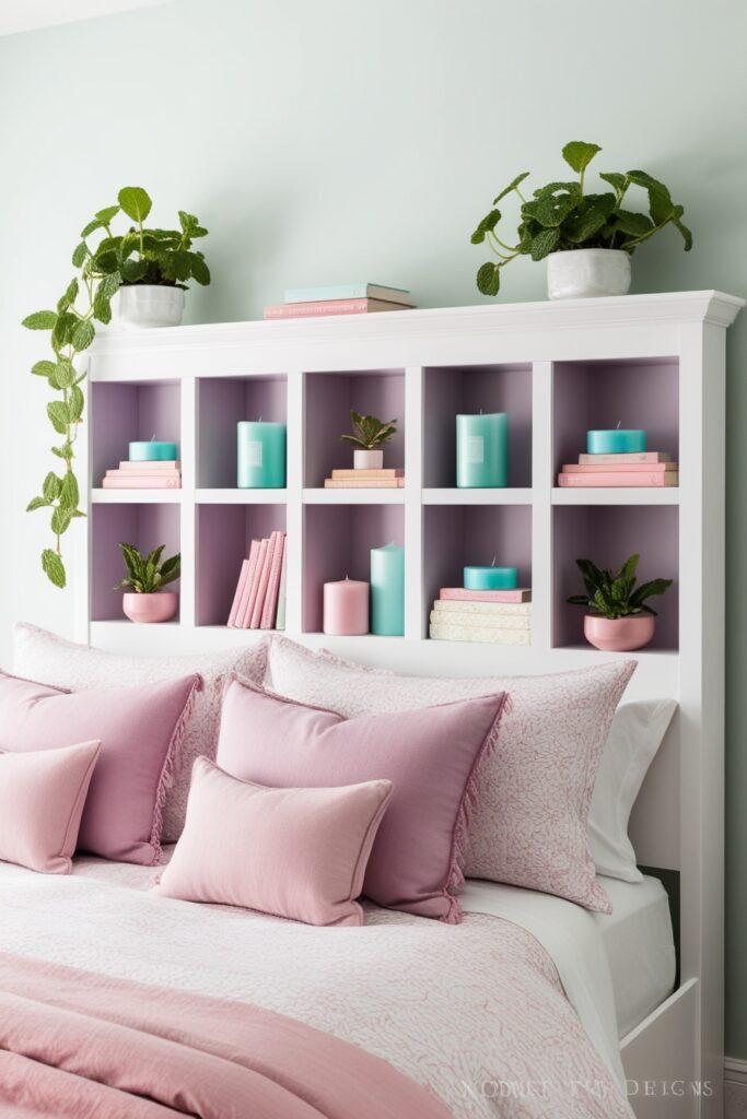 white headboard with pastel lavender cubbies built into it