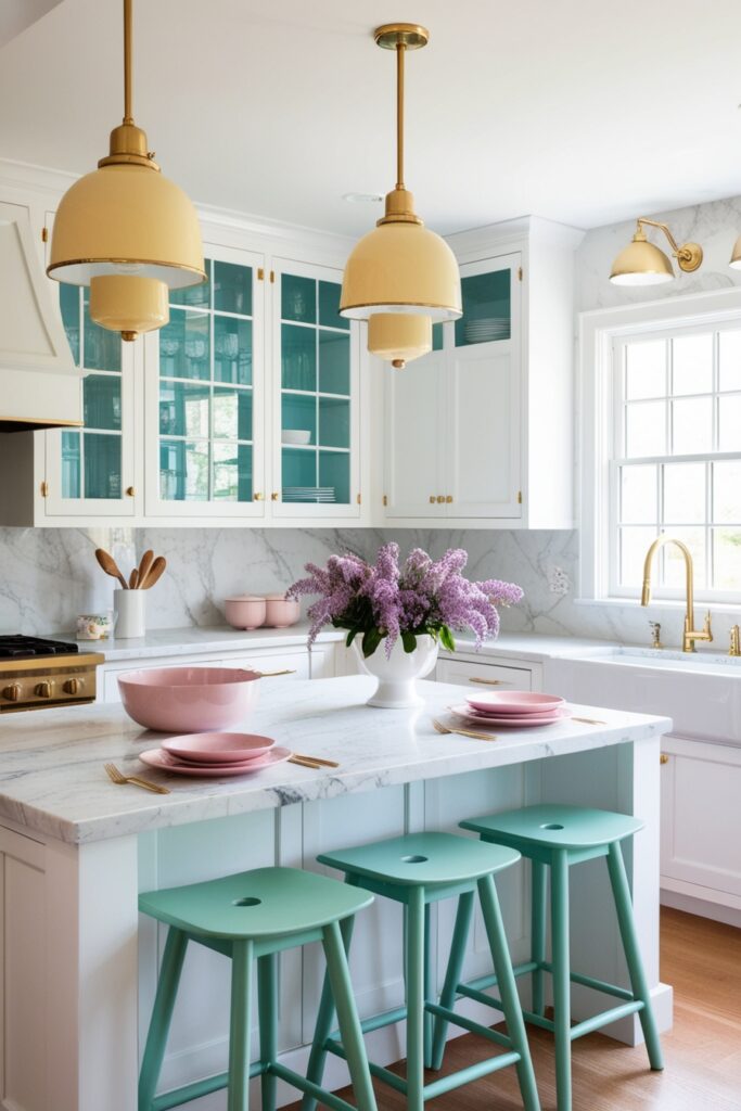white kitchen with blue-tinted glass cabinet doors and gold hardware