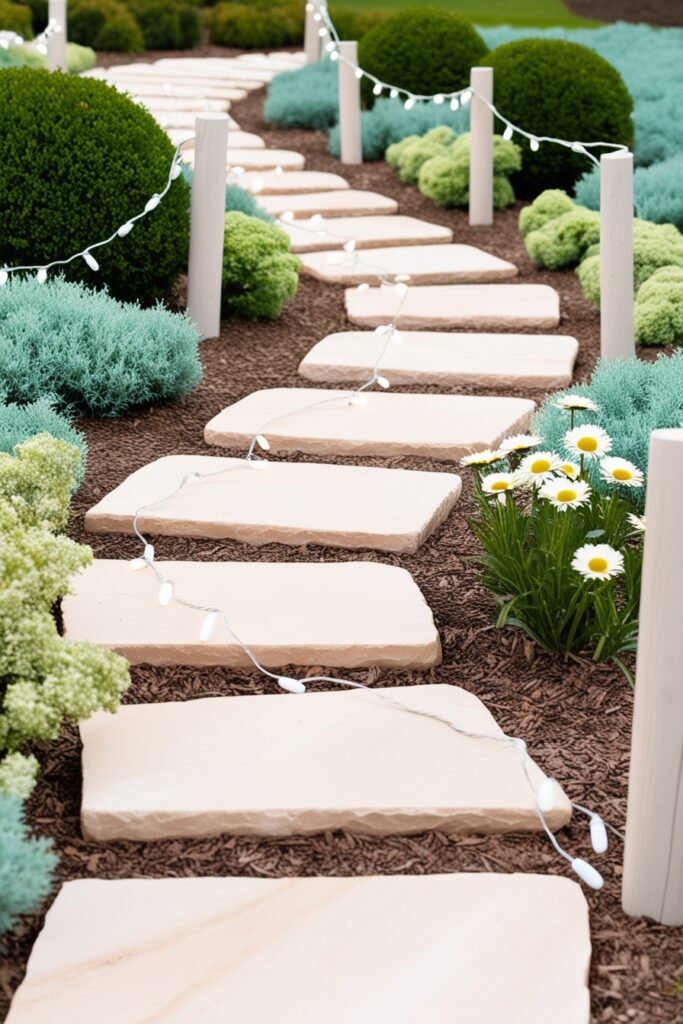 winding stone pathway through a pastel garden, with stepping stones