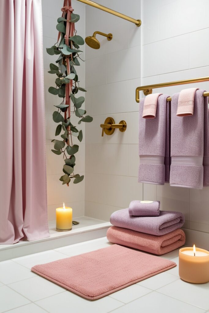 winter bathroom with pastel lavender towels, blush pink bath mat, eucalyptus hanging in the shower,