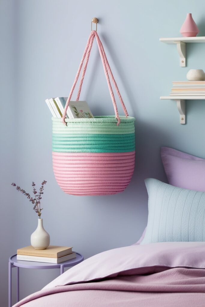 woven pastel pink and mint green hanging basket mounted on the wall beside a bed