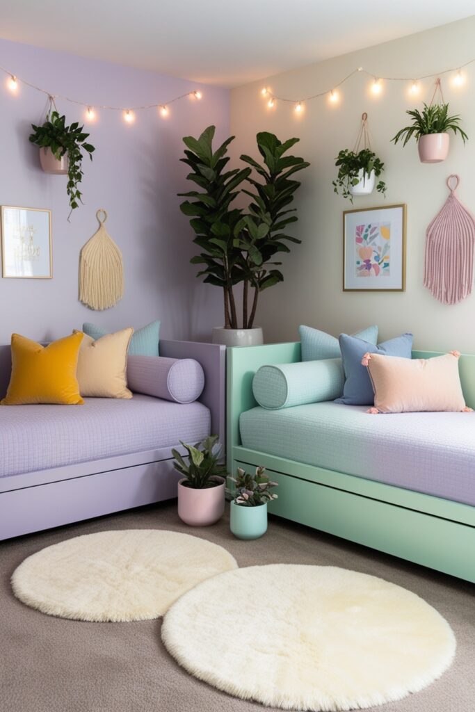 Chic shared bedroom featuring pastel lavender and mint green daybeds styled as couches
