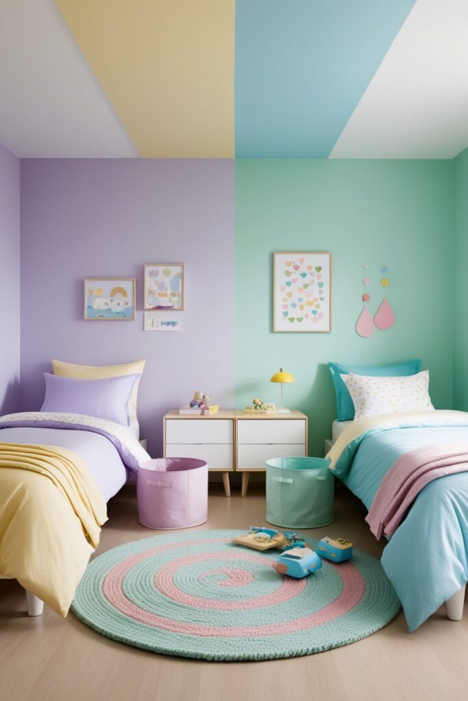 Playful shared bedroom with each side color-coded one side pastel lavender and butter yellow, the other baby blue and mint green