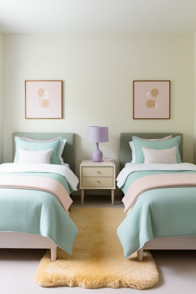 Symmetrical twin beds with coordinated bedding in pastel blue and mint green, a shared nightstand