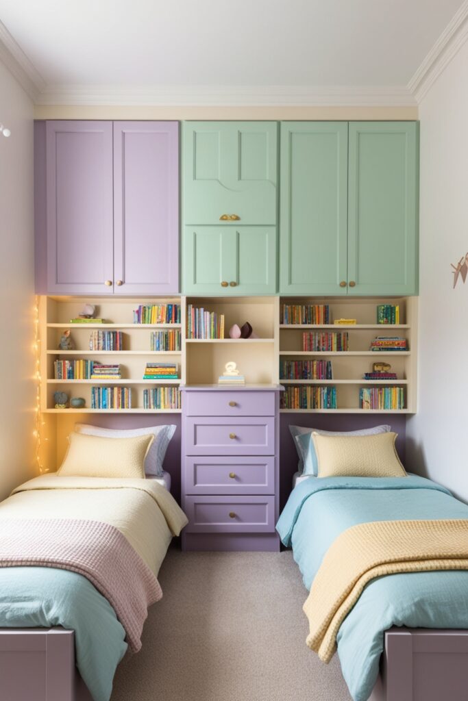 chic shared bedroom with a full pastel-colored storage wall featuring mint cabinets, lavender drawers