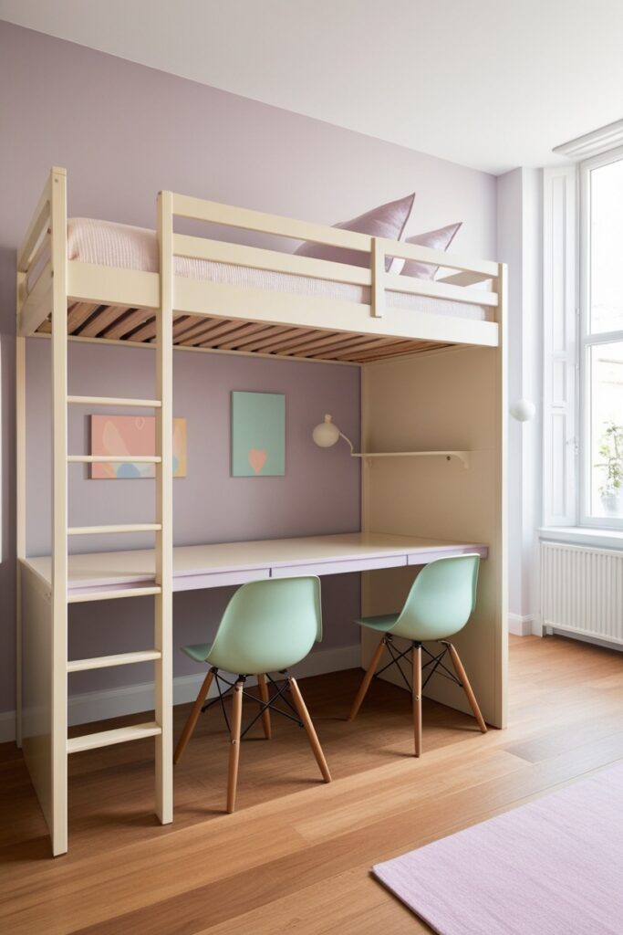 loft beds in a pastel palette of cream and lavender, desks tucked neatly underneath