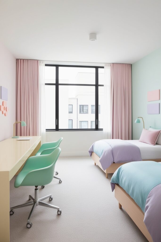 modern pastel-themed shared bedroom with a long cream-colored desk under a large window