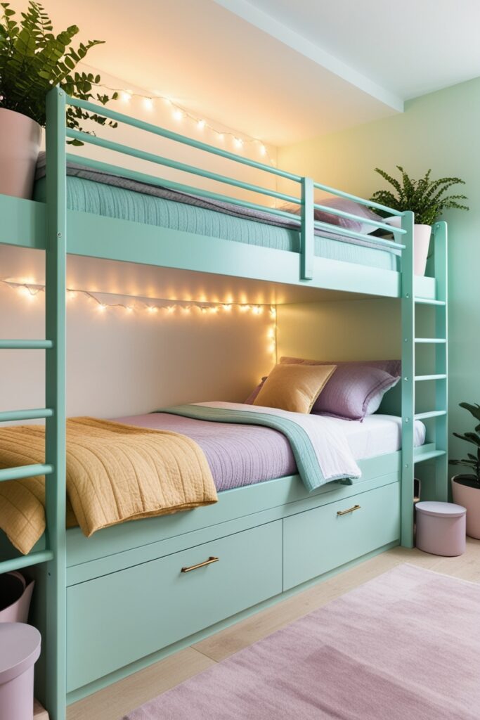 modern shared bedroom with sleek pastel bunk beds in soft baby blue and mint green, cozy bedding