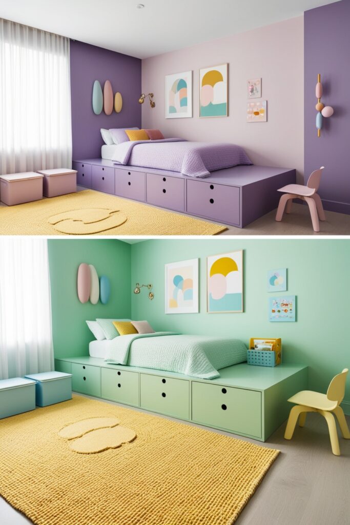 shared bedroom with two raised platforms